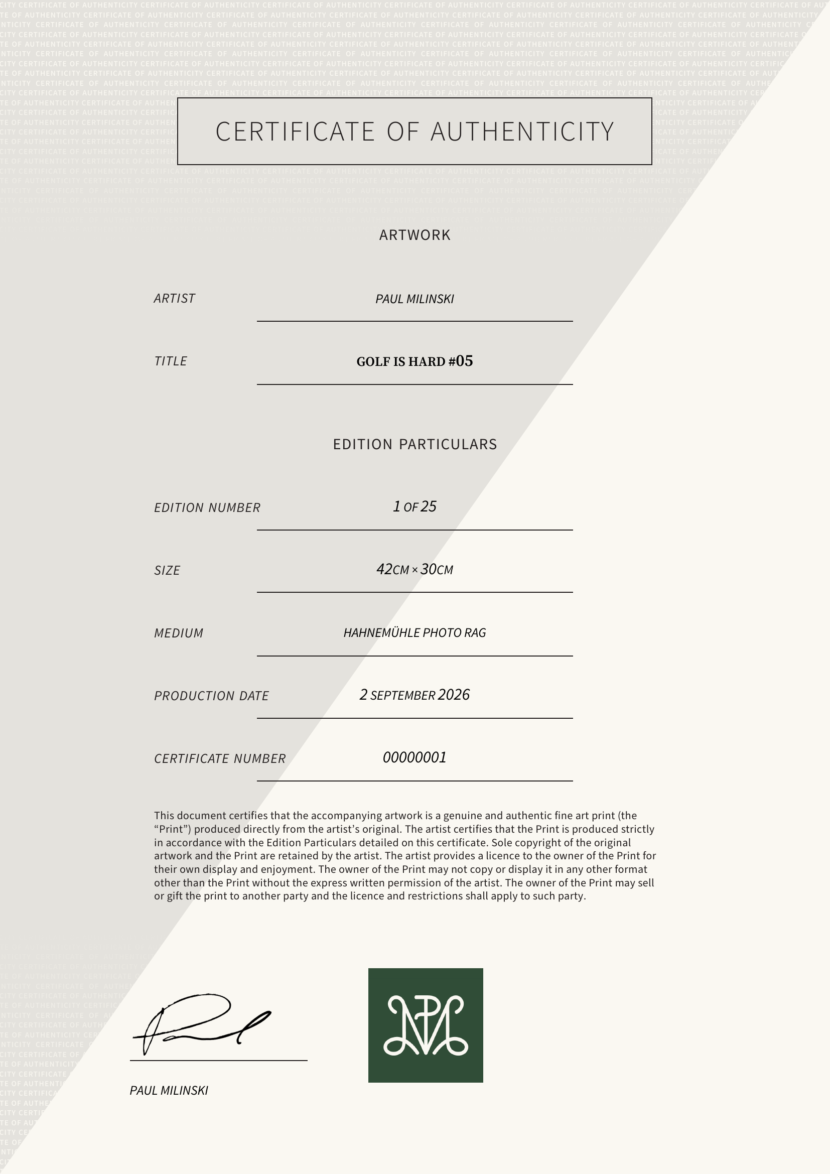 GOLF IS HARD #05 — Certificate of Authenticity