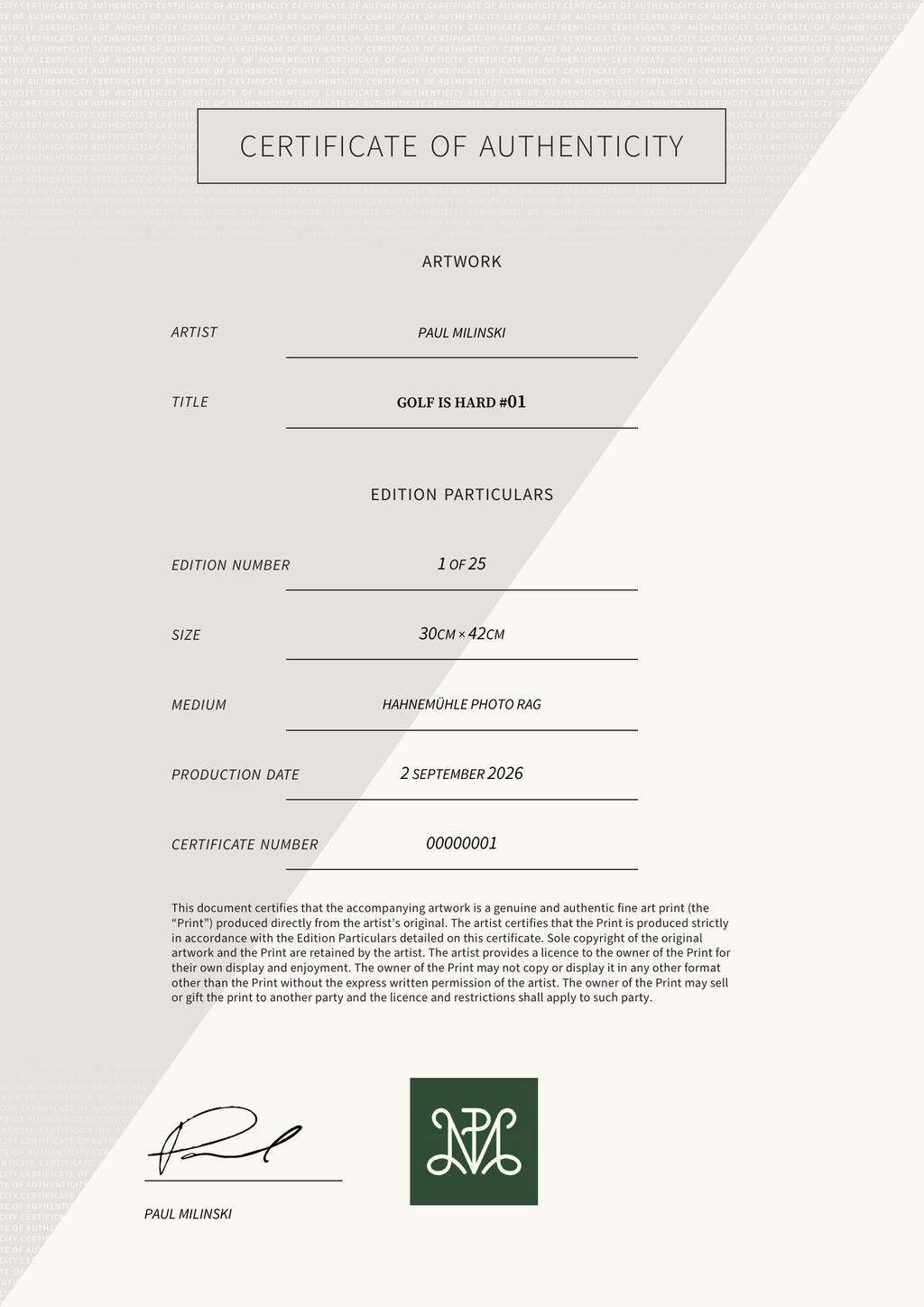 GOLF IS HARD #01 — Certificate of Authenticity